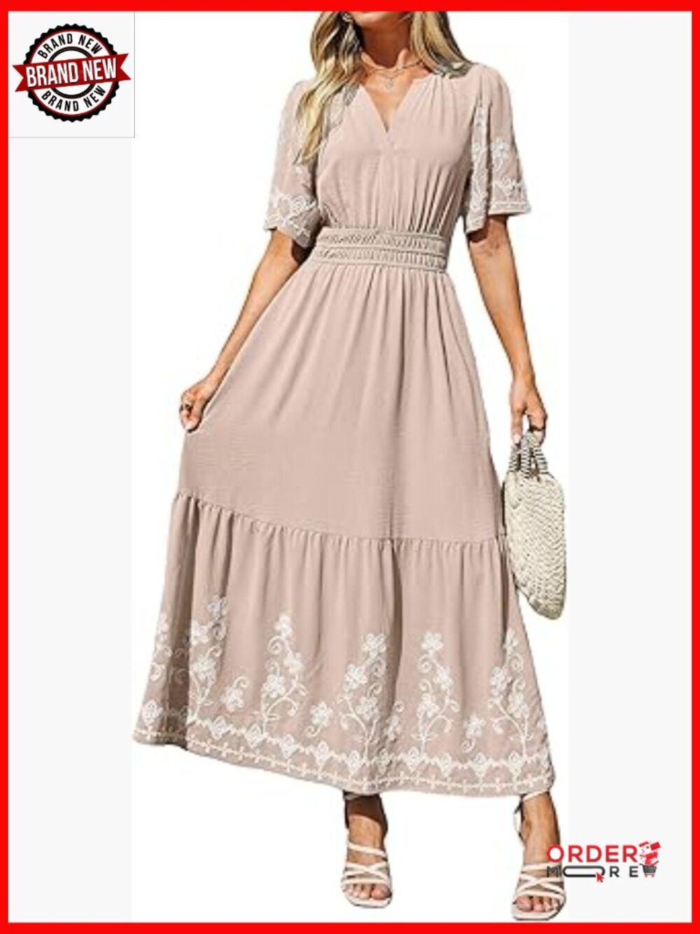 Women's Boho Embroidery Maxi Dress V-Neck Short Sleeve A-Line Ruched